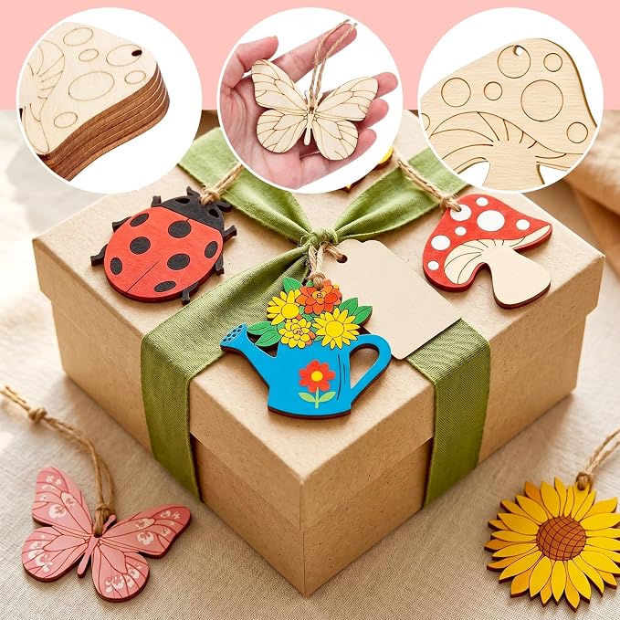 48PCS Unfinished Wooden Cutouts, Blank Hanging Craft Ornaments | 8 shapes Pre-drilled sling holes, blank unfinished wood for kids DIY painting, home hanging craft decor supplies