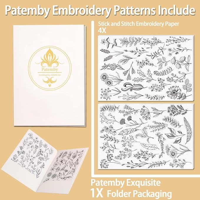 Patemby Embroidery Pattern Water Soluble Embroidery Stabilizers, Stick and Stitch Embroidery Paper Wash Away with Pre-Printed Pattern Designs Stencils Transfers for Hand Sewing Lover Beginner