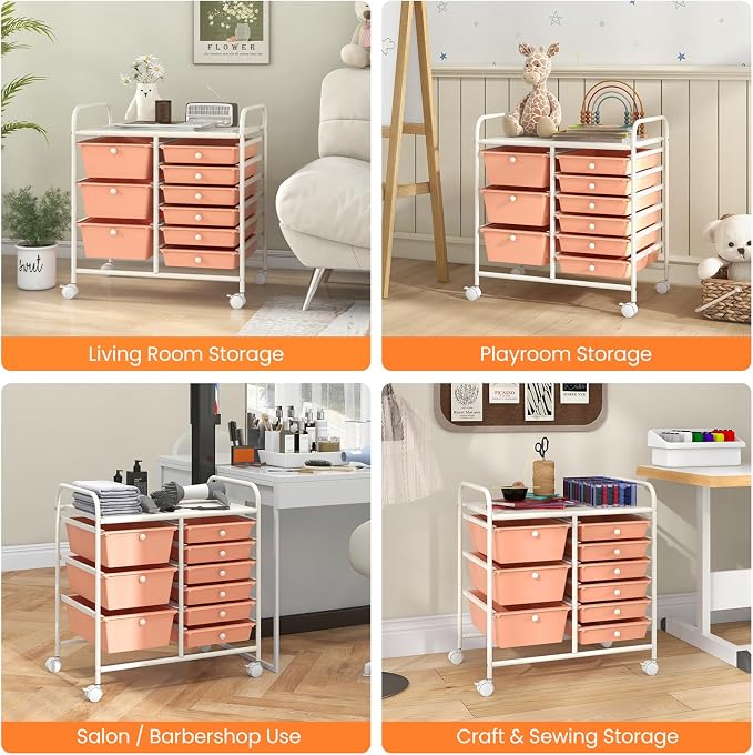 Giantex 9 Drawers Rolling Cart, Classroom Organizers, Storage Cart with Wheels, for Teacher Office Home School Supplies Tool Craft Art Paper, Peach Fuzz