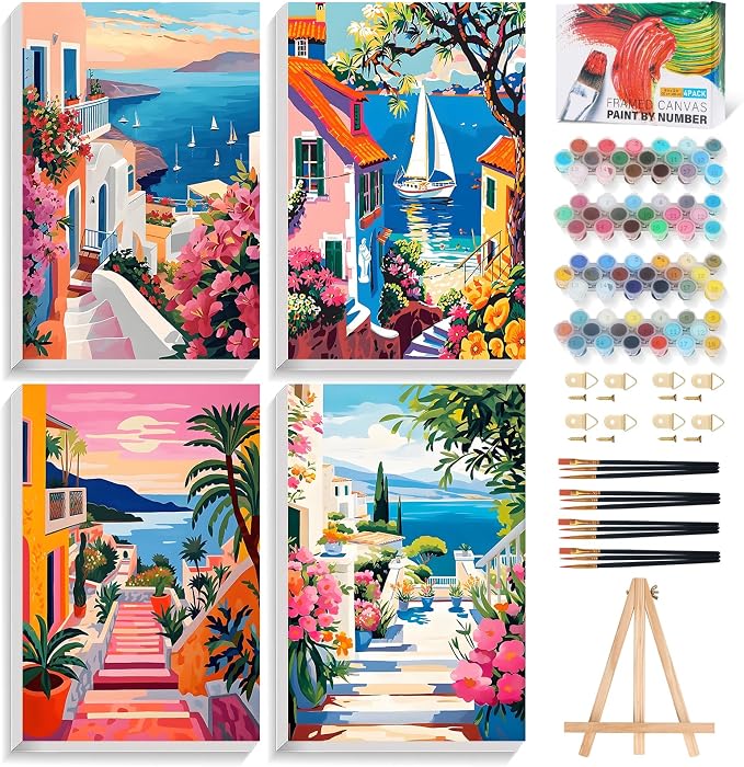 4 Pack Paint by Numbers Kit for Adults with Frame, Seaside Town Landscape | DIY Acrylic Painting Kit with Wooden Easel, Framed Paint by Number for Beginners, Home Wall Decor & Gift, 8 x 12 Inch