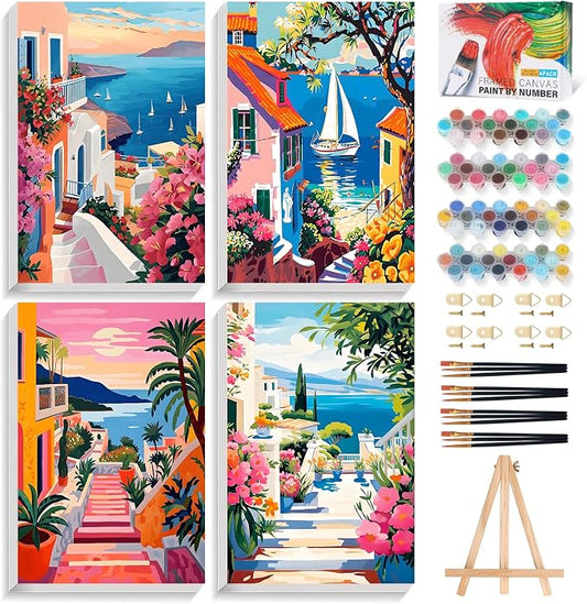 4 Pack Paint by Numbers Kit for Adults with Frame, Seaside Town Landscape | DIY Acrylic Painting Kit with Wooden Easel, Framed Paint by Number for Beginners, Home Wall Decor & Gift, 8 x 12 Inch