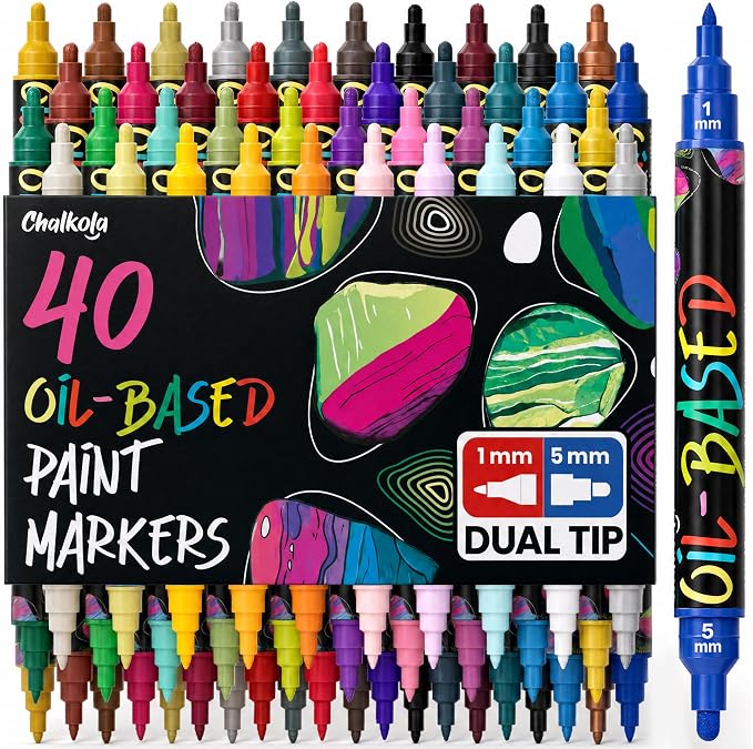 Chalkola 40 Oil Based Paint Markers - Dual Tip Oil Paint Pens for Metal | Oil Based Paint Pens for Ceramic, Glass, Rocks, Wood, Plastic Surfaces, Steel - Waterproof & Permanent, 1mm + 5mm Fine Tip