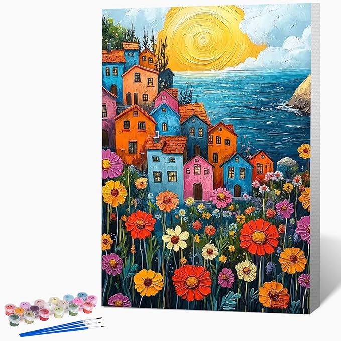 Framed Paint by Numbers Kit for Adults Beginner & Kids Ages 8-12, Landscape Flowers Adult Paint by Number Kits on Canvas with Frame, DIY Number Painting for Adults for Home Decor Gift 8 x 12 Inch