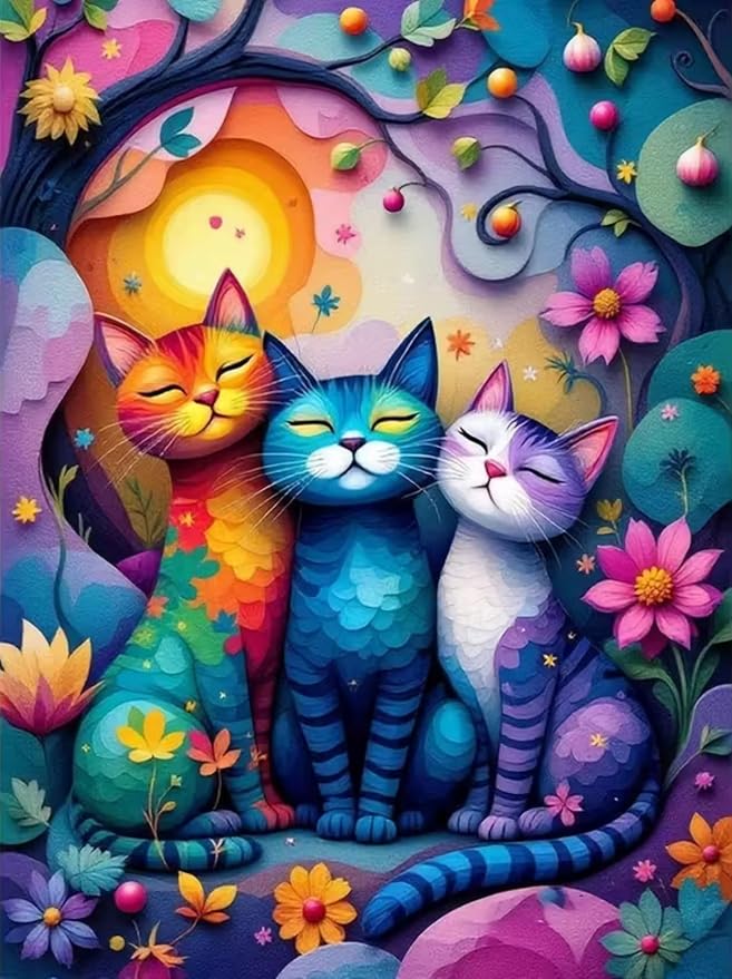 Diamond Art Kits for Adults,Colorful Cat and Flower Diamond Painting | 5D DIY Paint By Diamonds,Full Round Drill Diamond Dot Gem Art Painting Kits,for Home Wall Decor 11.8X15.8 Inch