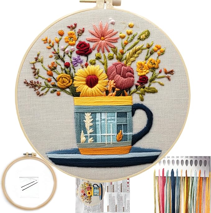 FONNUY Floral Embroidery Kit for Beginners, Colorful Flowers Pre-Stamped Pattern Kits for Adults with Hoop, Thread Needlework, 8'' Hoop (Cup)