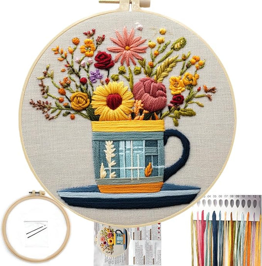 FONNUY Floral Embroidery Kit for Beginners, Colorful Flowers Pre-Stamped Pattern Kits for Adults with Hoop, Thread Needlework, 8'' Hoop (Cup)