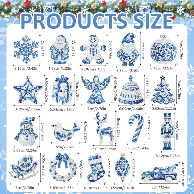 Tondiamo 20 Pcs Christmas Diamond Painting Keychain Kits 5D DIY Diamond Art Pendants Double Sided Hanging Key Chains for Christmas Party Decoration DIY(Blue and White Porcelain)