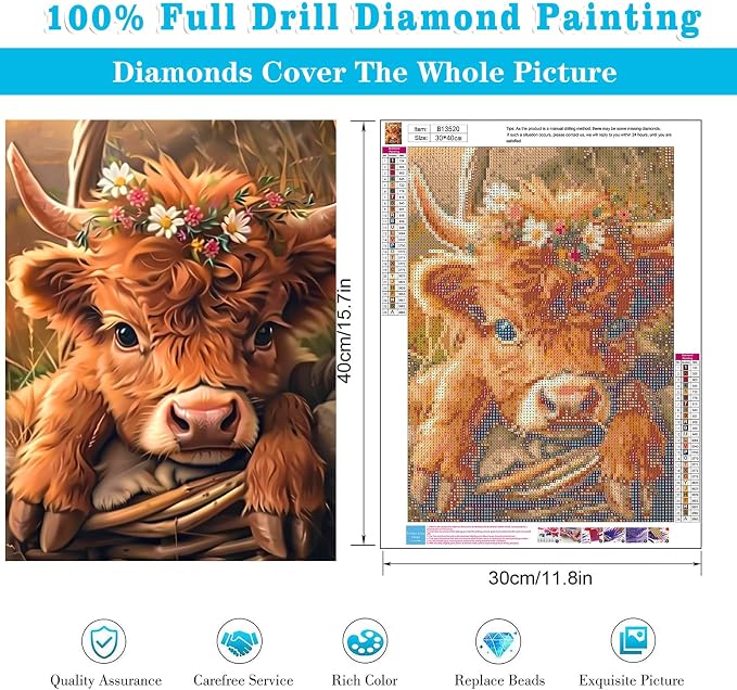 Diamond Art Kits for Adults Highland Cow Diamond Painting Kit 12x16in | 5D Cow Diamond Art Painting Kit for Adult, DIY Full Round Drill Cows Baby Gem Art Diamond Dots Kits for Home Wall Decor Gift