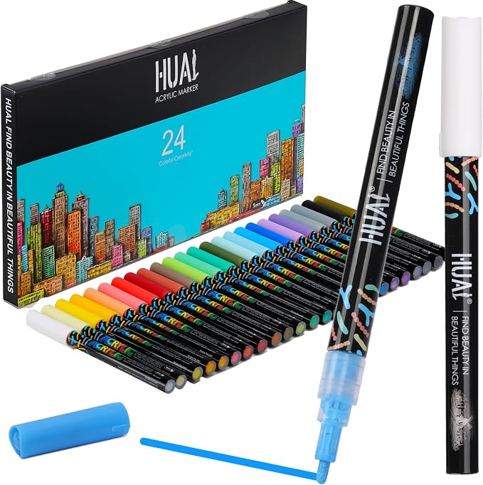 HUAL 24 Acrylic Paint Pens – Waterproof Valve-Controlled Markers, 1mm Fine Tip, Professional Non-Toxic Ink, Premium Set for Rock, Wood, Canvas, Glass, DIY Art & Crafts, Artists & Hobbyists