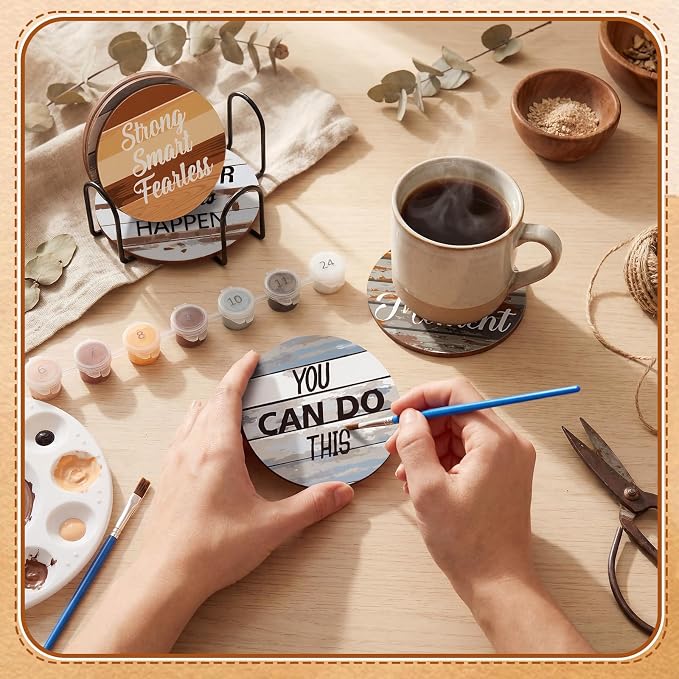 Reallnaive 8 Pcs Inspirational Paint by Number Kit for Adult Wooden Coaster | Mini Paint by Numbers, Farmhouse Motivational Round Oil Painting Drink Coaster with Holder, for Small DIY Craft Birthday Gift