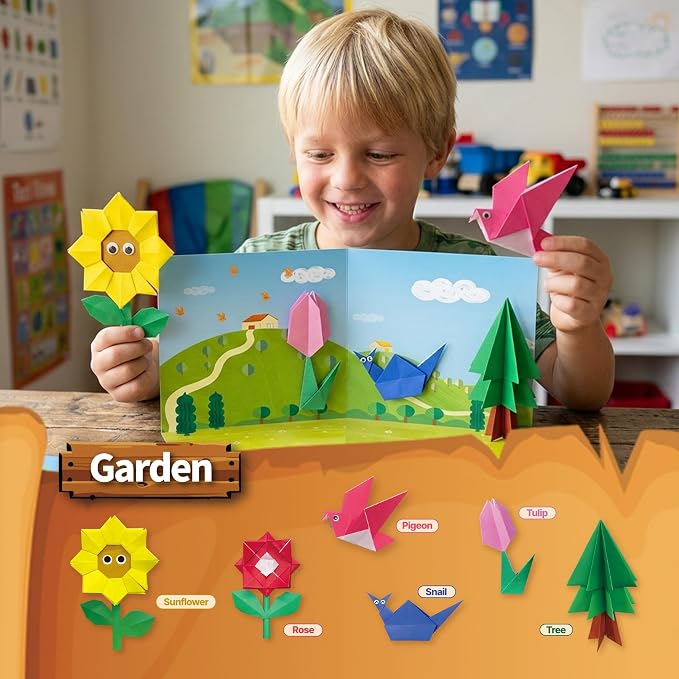 JOYSAM Wild Wonders Explorer Origami Paper Folding Kit for Kids Ages 5-8 8-12, Made in Korea, 22 Projects with Tri-fold 3D Display Boards, Easy Manual with QR Video Tutorial Included