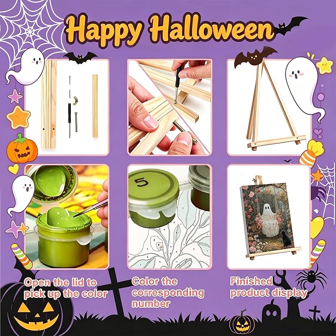 4 Pack Ghost Paint by Numbers for Adults with Framed Canvas - Wooden Easel | Halloween Paint by Number on Canvas, DIY Ghosts Acrylic Oil Painting Kits with Brushes for Home Wall Decor (8x12 inch)