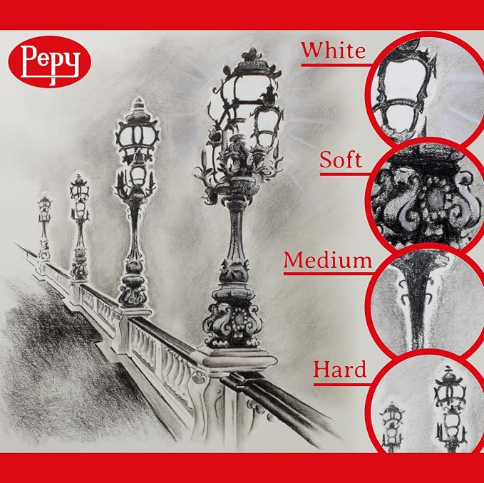 Pepy Professional Soft Charcoal Pencil Set – Set of 6 Pre-Sharpened Black Charcoal Pencils; Perfect for Drawing, Sketching, Blending and Shading