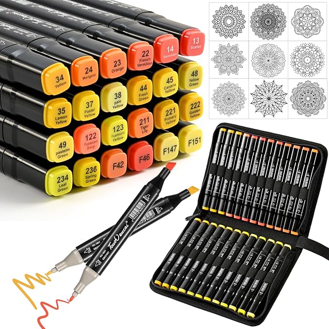 Yellow Orange Colors Alcohol Markers Set,24 Color Dual Tips Art Markers,Markers Pens for Artist Adults Coloring Illustration Painting DIY Crafts Making Art Supplies