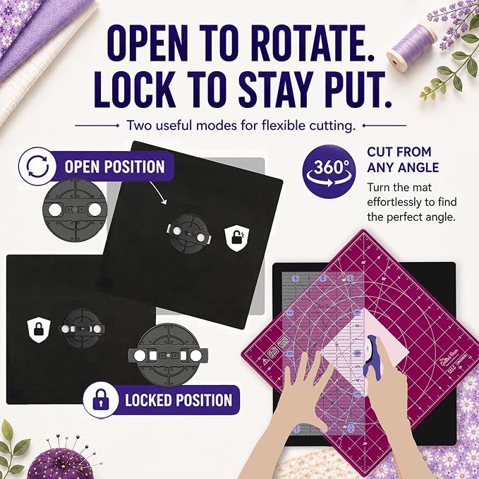 The Quilted Bear Rotating Cutting Mat 18" x 18" - Square 360° Rotating Self Healing Mat with Innovative Locking Mechanism for Quilting & Sewing Your Choice of Colours Available! (Pink)