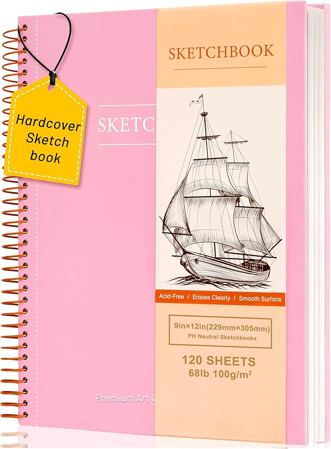 Yoment 9"x12" Hardcover Sketchbook for Drawing，120 Sheets，100GSM | Pink,Spiral Bound Sketch Pad Premium Art Sketchbook Artistic Drawing Paper Pad for Kids Adults Beginners Artists