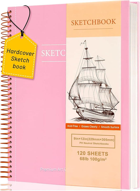 Yoment 9"x12" Hardcover Sketchbook for Drawing，120 Sheets，100GSM | Pink,Spiral Bound Sketch Pad Premium Art Sketchbook Artistic Drawing Paper Pad for Kids Adults Beginners Artists