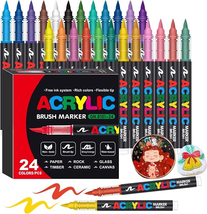 Amamao 24 Colors Soft Brush Tip Acrylic Paint Markers for Wood Rock Canvas