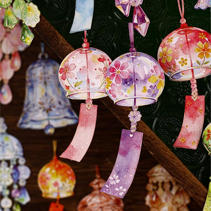 Doukado 60 Pcs Japanese Wind Chime Stickers, Cardstock Windbell Decals Set