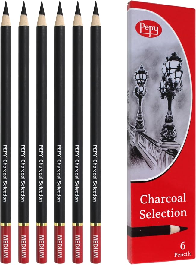 Pepy Professional Medium Charcoal Pencil Drawing Set – Set of 6 Pre-Sharpened Black Charcoal Pencils; Perfect for Drawing, Sketching, Blending and Shading