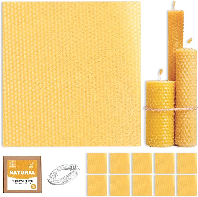Natural Beeswax Sheets for Candle Making (10-Sheet Pack with Cotton Wicks) Natural Yellow Tone - DIY Beeswax Candle Rolling Kit for Kids & Adults