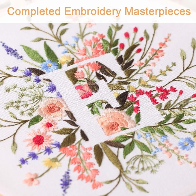 Harimau Letter E Pattern Embroidery Kit for Adult Beginners, Complete Starter Pack with 1 Hoop, Needles, Instruction Guide & Embroidery Stitch Video Tutorials