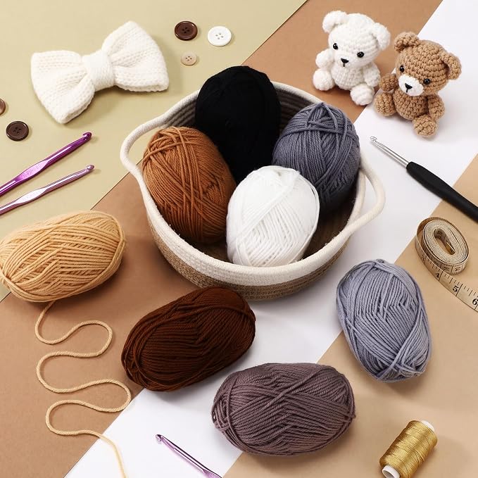 Buryeah Brown Series 8 Packs Crochet Yarn Knitting Bundle Beginner Acrylic Thread Fluffy Hand Tube Polyester Yarn Needles Bulky Kit Variety Pack 726 Yards for Weaving Crafts DIY Project Beginner