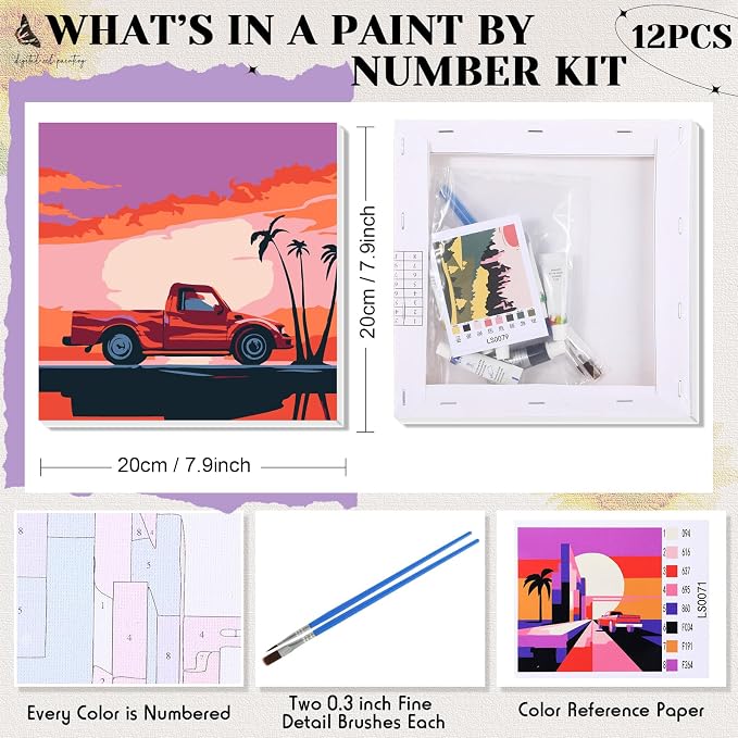 Nezyo 12 Sets Paint by Numbers Kit with Frame, Acrylic Canvas 8x8in | Beginner Friendly DIY Sets for Painting Party Classroom Birthday Gifts, Includes Numbered Canvases Brushes Paints