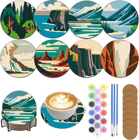 8 Pack Mountain Paint by Numbers Kits Coasters with Holder Cork Pads | Landscape Paint by Number Kit for Adult Simple Round Oil Painting Coaster for Small DIY Craft Holiday Birthday Gift 3.9x3.9in