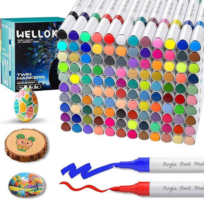 WELLOKB 120 Colors Dual Tip Chisel & Brush Acrylic Paint Markers, Fabric Markers, Permanent Acrylic Paint Pens for Wood, Glass, Rocks, Paper, Coloring book, Ceramic, DIY Crafts for Adults