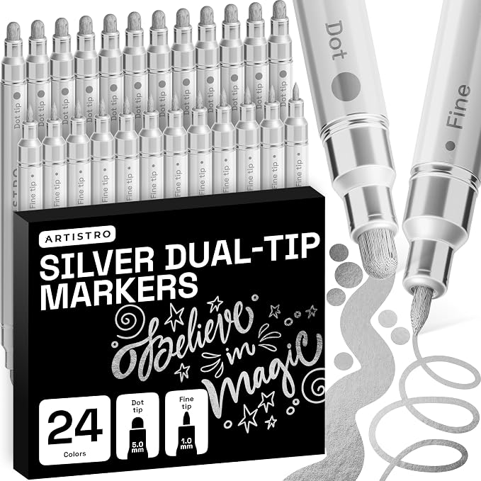 ARTISTRO Silver Dual-Tip Acrylic Paint Marker Pens - Set of 24 | For Fabric, Rock, Glass, Wood, & Coloring Books, Arts & Crafts Gift, Classroom Must Haves & School Supplies (Dot & Fine Tips)