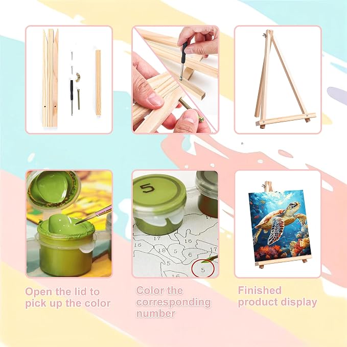 4 Pack Beach Paint by Numbers for Adults with Framed Canvas - Wooden Easel | Beach Paint by Number on Canvas, DIY Sea Turtle Acrylic Oil Painting Kits with Brushes for Home Wall Decor (8x12 inch)
