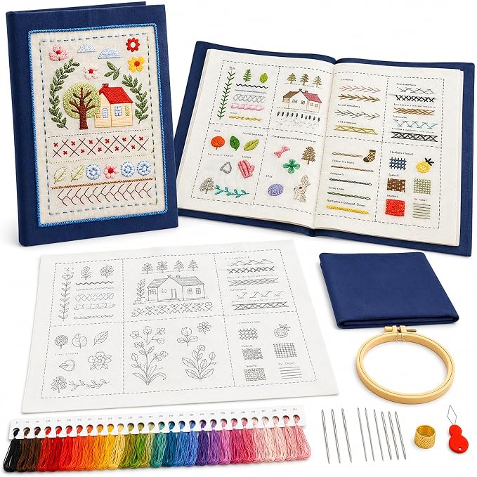 Zhenqing Embroidery Stitch Kit for Beginners, Stitch Practice Sampler Book with 200+ Patterns, Pre-Printed Fabric, Hoop, Threads, Needles & English Guide, DIY Needlework Learning Set