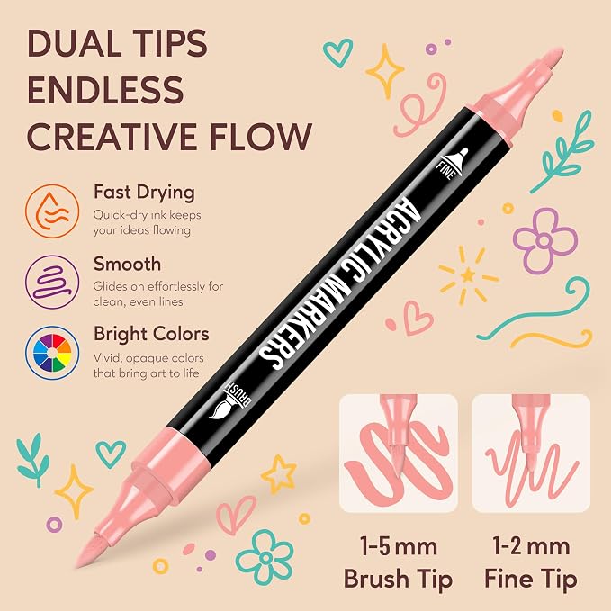Pagather Acrylic Paint Markers, 24 Colors Dual Tip Fine & Brush Pens Set | For Rocks, Fabric, Wood, Glass & More, Perfect for DIY Crafts and Creative Art Projects with Bright, Smooth and Quick-Dry Ink