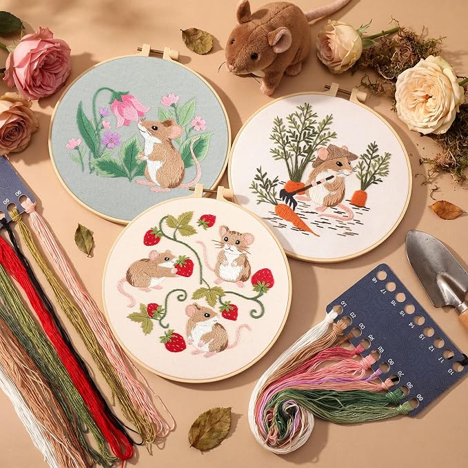 Mindsoft 3 Set Needlepoint Kit for Beginners with Hoop,Garden Mouse | Bamboo Hoop Thread Needles Instructions, Easy Hand Embroidery for Beginners Home Crafts,Pre-stamped Funny Cute Designs