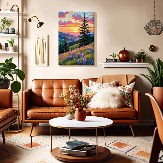 SparkGlow Landscape Paint by Numbers Kit for Adults with Frame, 8×12 Inch | Sunset Landscape Painting by Numbers, Premium Materials, Fun and Relax, Include Easel, Number Painting for Gift, Home Decor
