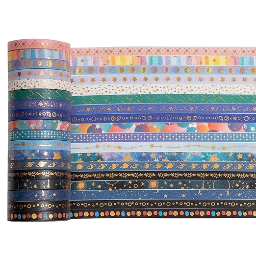 Skinny Galaxy Washi Tape Set 30 Rolls Gold Foil Decorative Starry Space Masking Tapes for Arts, DIY Crafts, Journals, Planners, Scrapbook, Wrapping