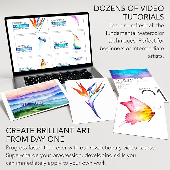 CHROMATEK 54 Watercolor Pens Set | Including 15 Page Pad & Online Video Tutorial Series | 4 Aquapens & 50 Unique Colors | Brush Pens | Easily Blendable, Vivid, Smooth | Professional Art Supplies