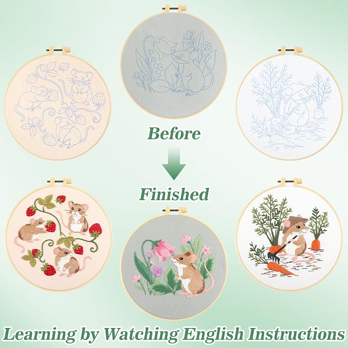 Mindsoft 3 Set Needlepoint Kit for Beginners with Hoop,Garden Mouse | Bamboo Hoop Thread Needles Instructions, Easy Hand Embroidery for Beginners Home Crafts,Pre-stamped Funny Cute Designs