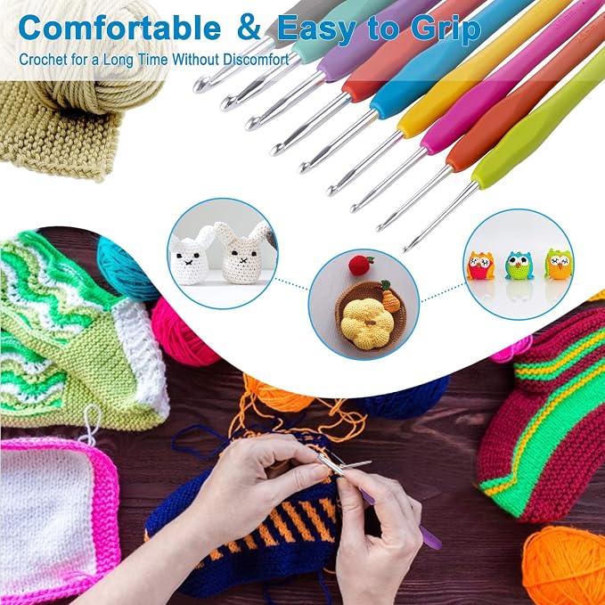Vodiye 9 Sizes Crochet Hooks 2.0–6.0mm, Ergonomic Crochet Hook Set, Crochet Needles for Beginners, DIY Projects and Craft Lovers