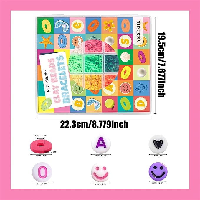 YMSDZHL 6000+PCS Clay Beads Bracelet Making Kit,24 Color DIY Flat Preppy Beads for Friendship Jewelry Making,Polymer Heishi Beads with Charms Gifts for Teen Girls Crafts for Ages 4-12 (Pack of 3)
