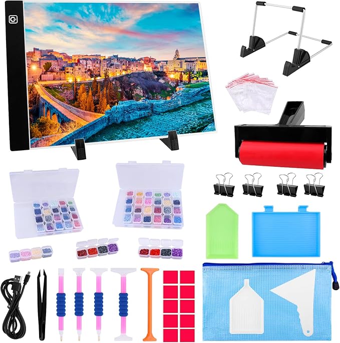 Ratukall A4 LED Light Pad for Diamond Art, USB Powered Light Board Kit | Adjustable Brightness Tracing Light Box with Diamond Painting Accessories & Tools, Includes Storage Case, Drill Pens & Stand