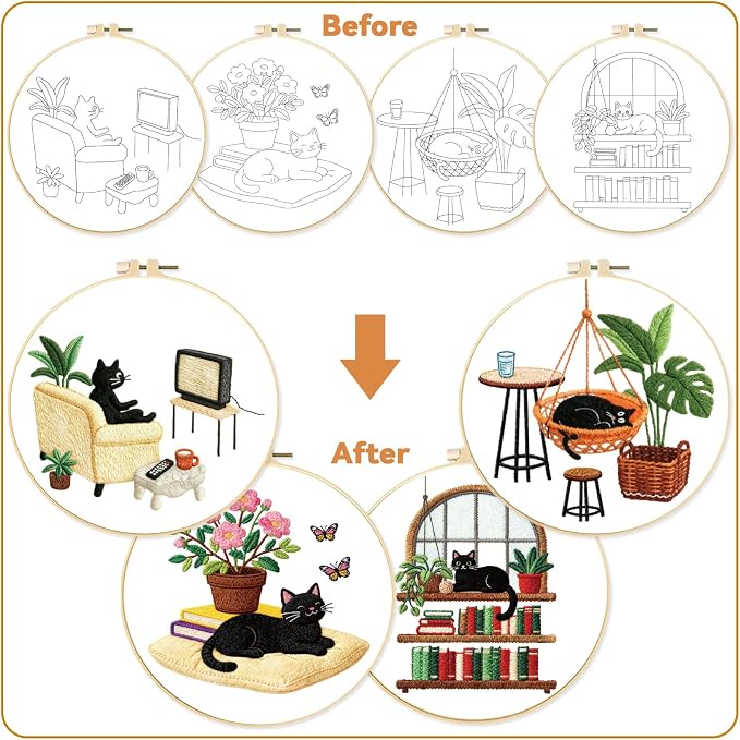 BEUNITONE 4 Set Embroidery Kit for Beginners, Daily Life of Cats Patterns Cross Stitch Kits, Needlepoint Kits for Adults with Hoop, Cute Hand Embroidery Patterns for Cloth and Home Decor