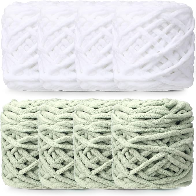 Buryeah 8 Pack Chunky Chenille Yarn for Crocheting, White, Green