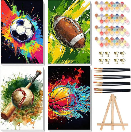Ball Sports Paint by Numbers for Adults with Framed Canvas - Wooden Easel | 4 Pack Ball Sports Paint by Number for Beginners, Oil Painting Kits on Canvas with Brushes for Home Wall Decor (8x12 inch)