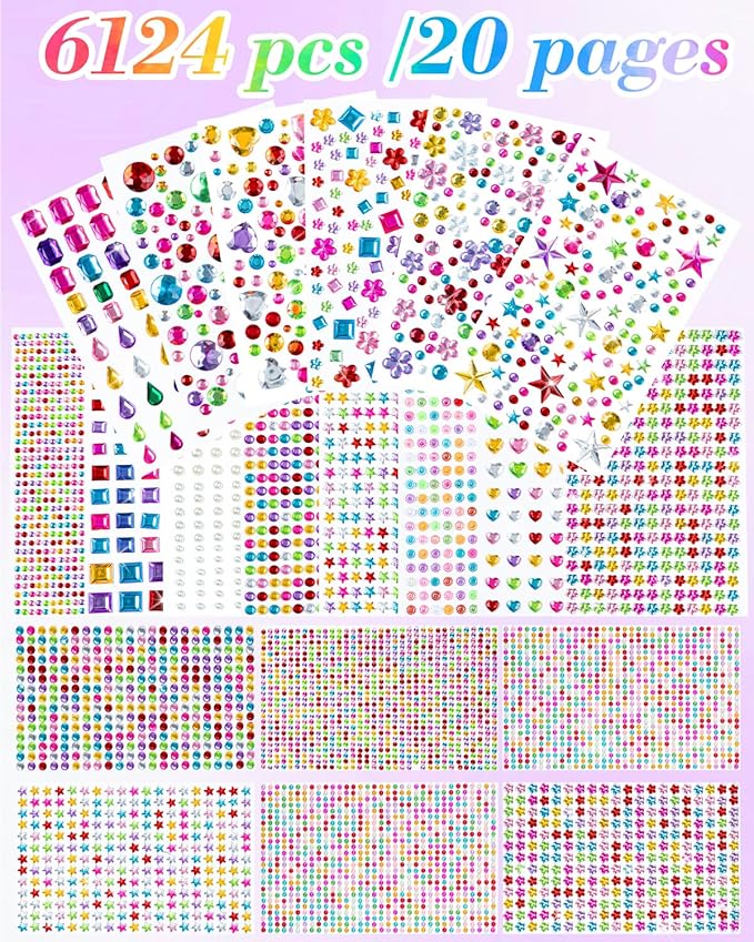 6124Pcs Gem Stickers-Self-Adhesive Face Jewelry Stickers, Acrylic Gems DIY Crafts, Sparkling Heart-Shaped Rhinestone for Kids, for Party & Holiday Supplies