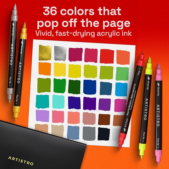 ARTISTRO 36 Dual-Tip Acrylic Paint Marker Pens for Drawing | For Fabric, Rock, Glass, Wood, & Molds, Arts & Crafts Gift for Adults, Teens, & Kids, Classroom Must Haves & School Supplies