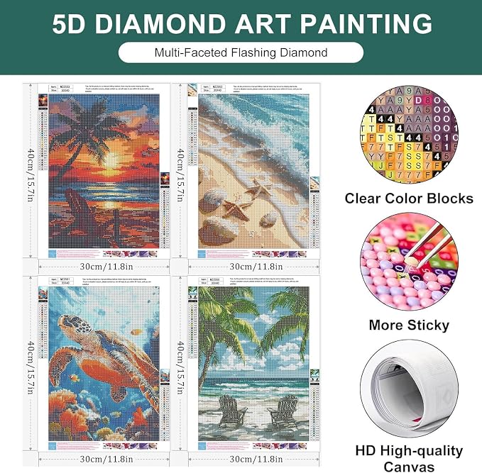 4 Pack Diamond Art Kits for Adults, Beach Diamond Painting Kits 12x16 Inch