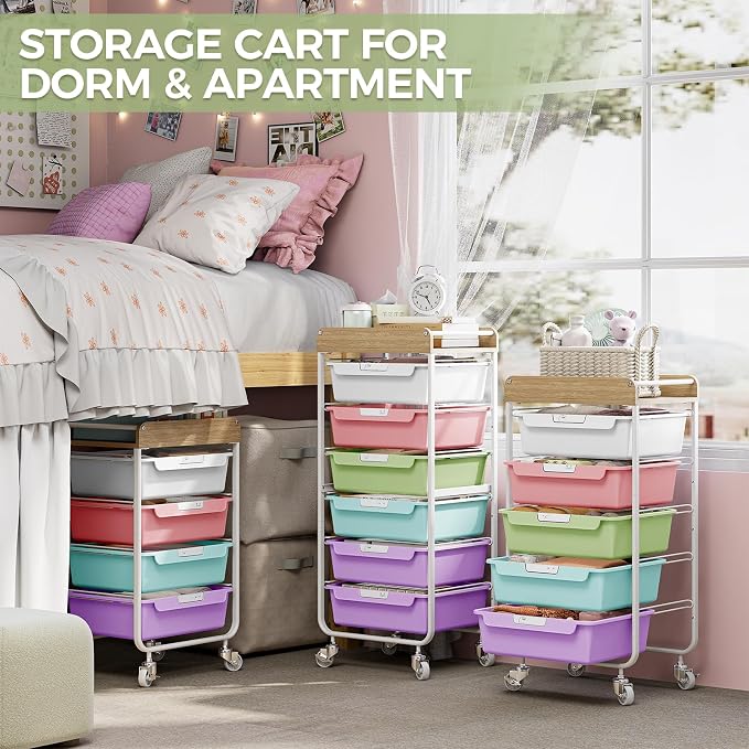 SYKIARIOL Rolling Utility Storage Cart,4 Labeled Ice Cream Colored Drawers | Art Craft Sewing Study Organizer Cart with Wooden Tabletop,for Crafters,Artists,Sewing enthusiast,Kids,Teachers,Students