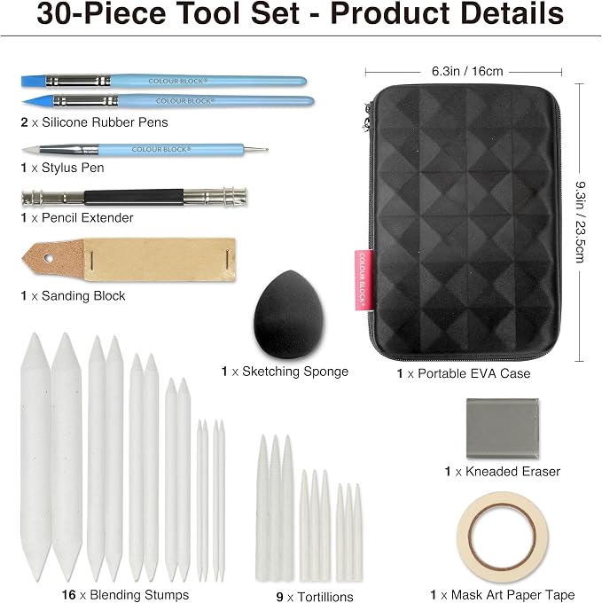COLOUR BLOCK 30pcs Sketching Tool Set with Soft Pastels Drawing Art Blenders, Blending Stumps, Tortillions, Sandpaper, Sketch Pencil Extender, Rubber Pens